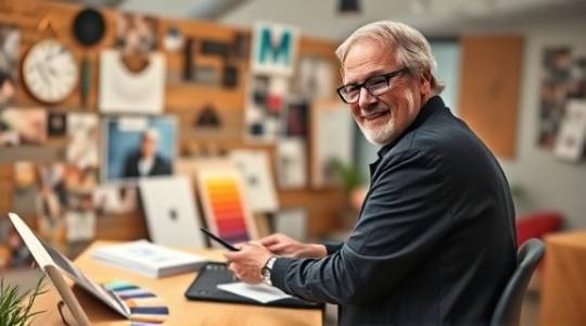 creative digital branding expert, inspiring expression, designing a digital campaign, photorealistic, stylish office with mood boards and color swatches, highly detailed, artistic energy, rich textures, warm earth tones, studio lighting, shot with a tilt-shift lens.