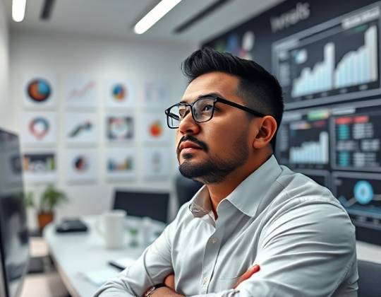 visionary digital marketing strategist, thoughtful expression, developing a campaign, photorealistic, sleek office with marketing charts and digital interfaces, highly detailed, innovative atmosphere, clear graphic outlines, bright whites and blacks, backlight contrast, shot with a zoom lens.