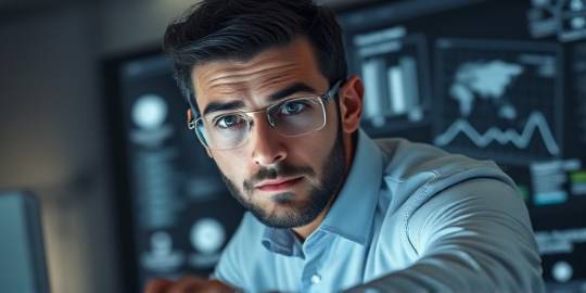 expert marketing SEO analyst, curious expression, studying a screen, photorealistic, advanced analytics lab with holographic visuals, highly detailed, focused environment, high-resolution graphics, grayscale tones, monitor glow, shot with a close-up lens.