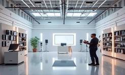 pioneering interactive authority innovator, analytical expression, directing a virtual workshop, photorealistic, futuristic open space with VR gadgets, highly detailed, seamless virtual experiences, digital fluidity, muted shades, spot lighting, shot with a wide-angle lens.