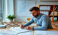 strategic digital marketing project manager, strategic expression, managing tasks, photorealistic, organized office with schedules and planning tools, highly detailed, efficient workflow, smooth paper textures, cool tones, overhead lighting, shot with a standard zoom lens.