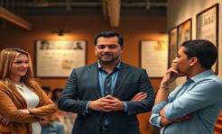 expressive authority marketing coach, motivational expression, mentoring a team, photorealistic, motivational space with vision boards, highly detailed, dynamic energy, warm textures, muted pastels, ambient lighting, shot with a medium telephoto lens.