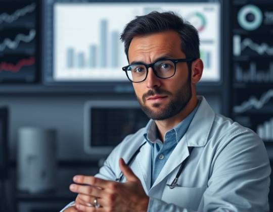 dedicated marketing SEO specialist, problem-solving expression, optimizing performance, photorealistic, analytics-rich environment with graphical windows, highly detailed, methodical atmosphere, precise charts, soft monochromes, dimmed backlit, shot with a high-magnification lens.