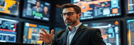 assertive interactive authority trainer, guiding expression, leading a digital training session, photorealistic, modern training center with digital panels, highly detailed, interactive dynamics, immersive cues, contrasting colors, framed illumination, shot with a telephoto zoom lens.